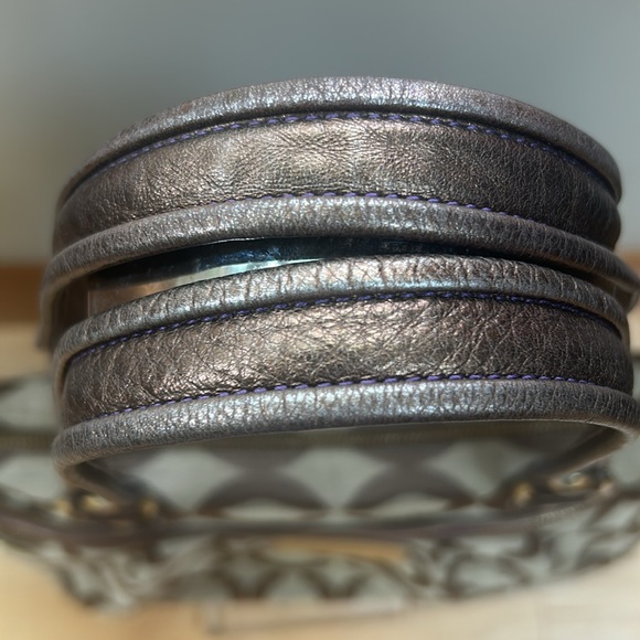 COACH Op Art Poppy Tote Tan Brown Signature C's Purple Leather Trim, EUC - Picture 3 of 9